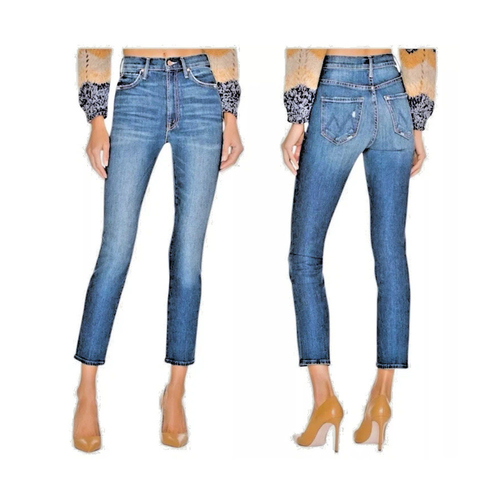 MOTHER Straight Leg Cropped Jeans in Dark Blue Wash.